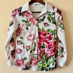 Zara| Vintage Y2K Floral Pink Roses Button-Up Top Long Sleeve Shirt Blouse Sz S